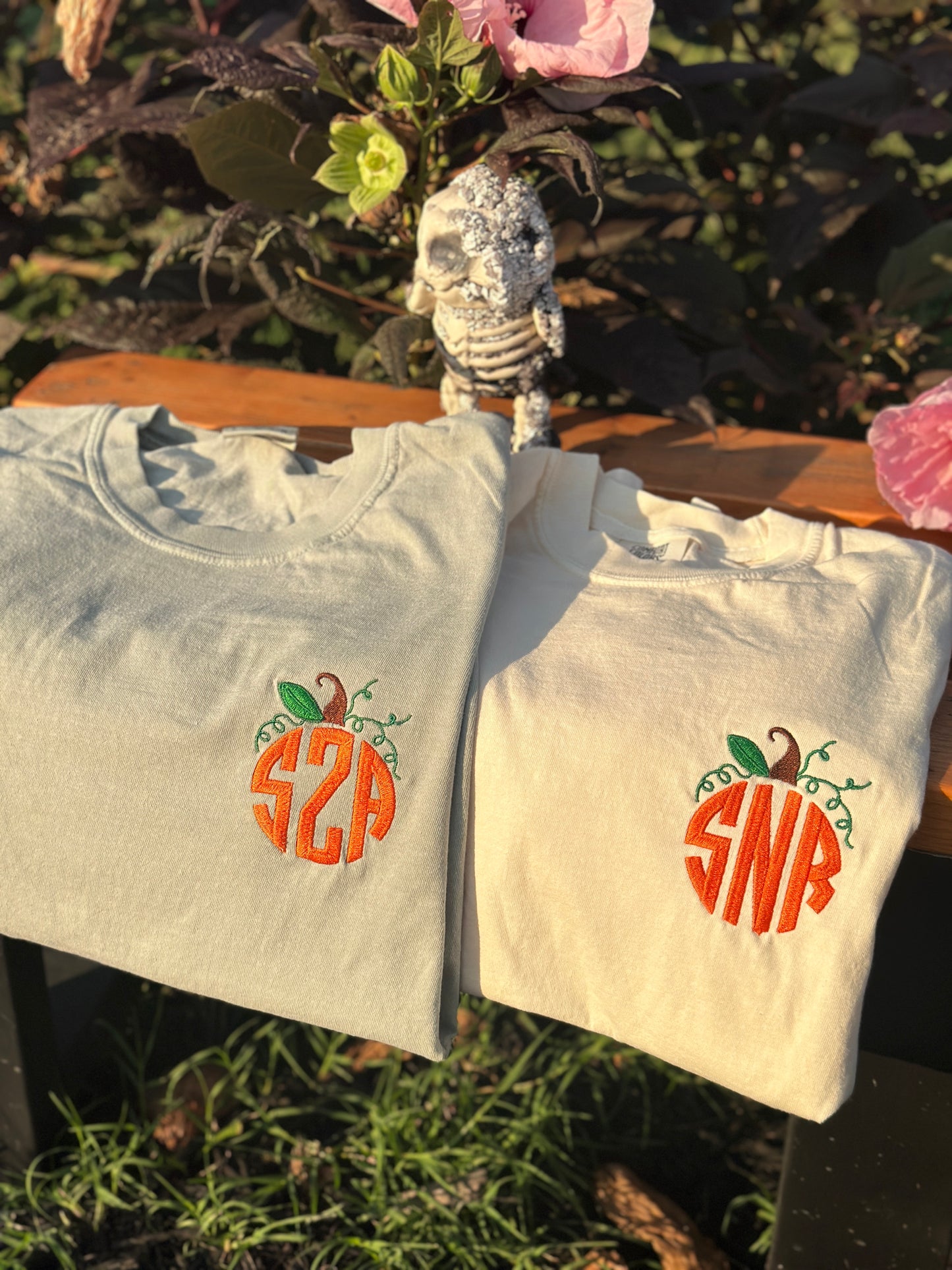 Pumpkin monogram embroidered tops